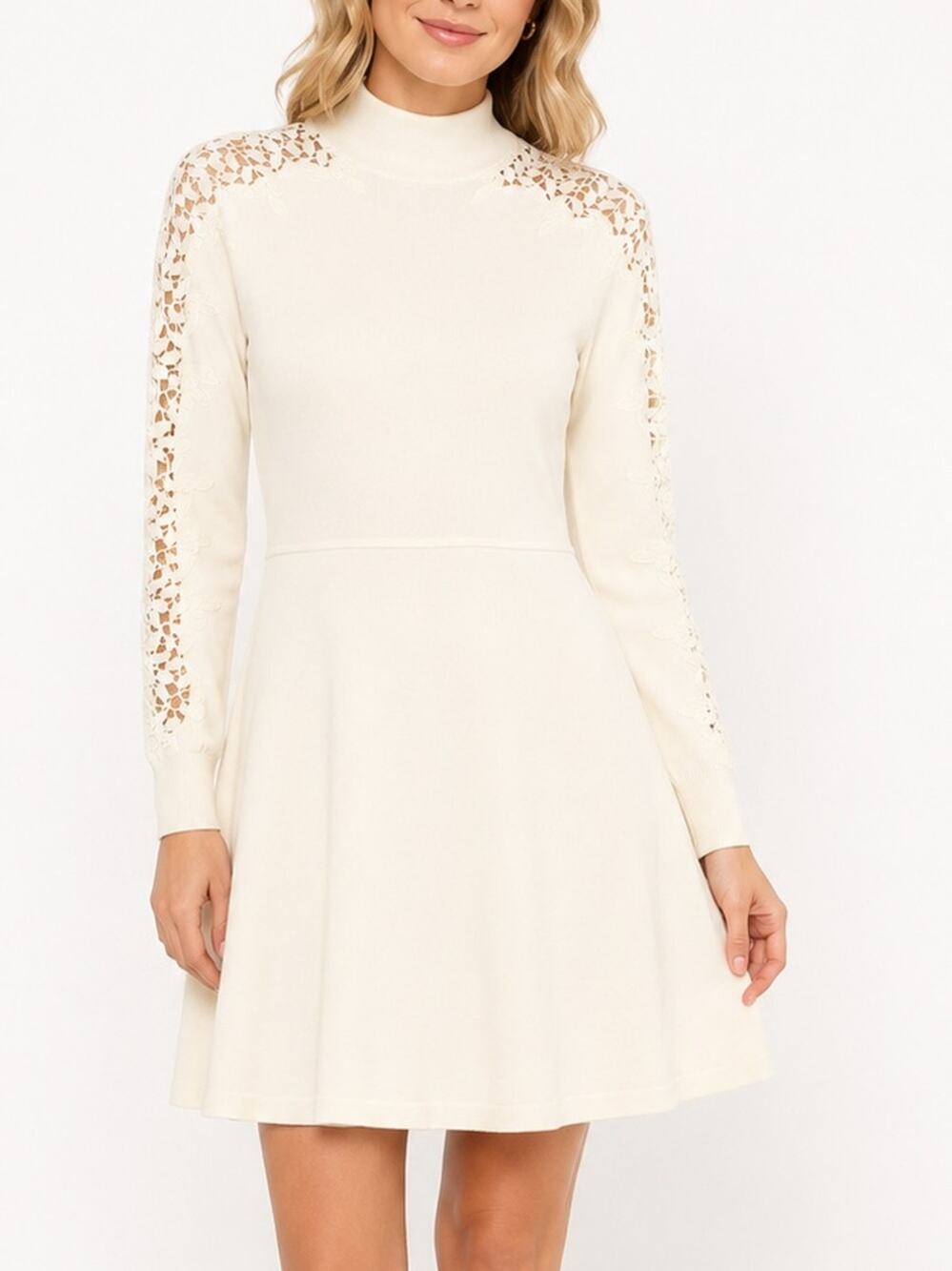 Eliza J Sweater Dress Medium Ivory Mock Neck Lace Sleeve Knit NWT MSRP $148